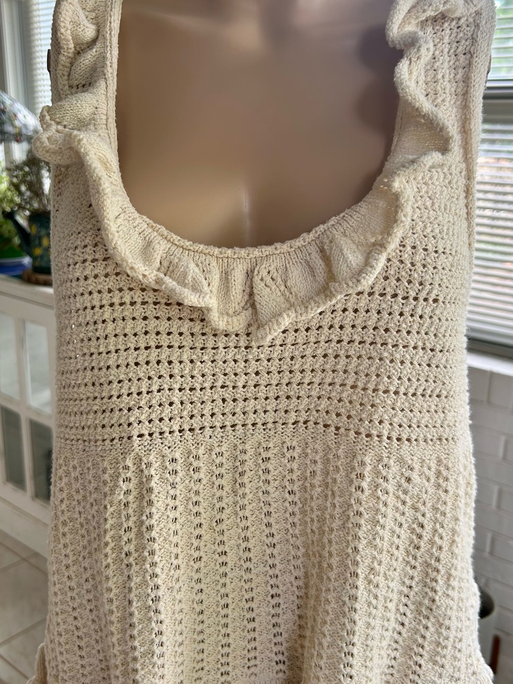 Pilcro Cream Crochet Knit Tank Top with Ruffle Straps